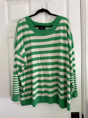 Lane Bryant Green & Cream Striped Crewneck Sweater